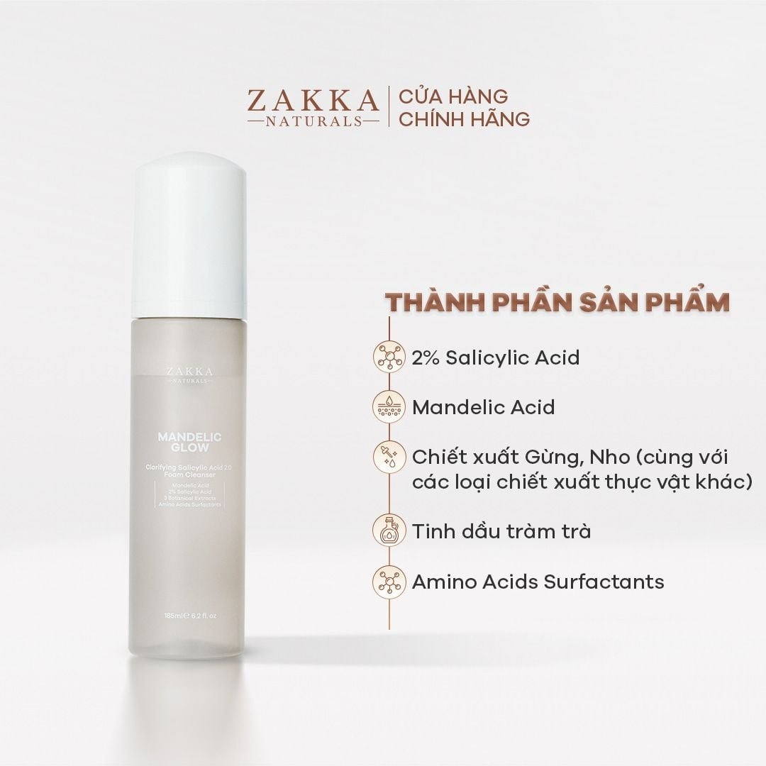 Zakka Naturals - Sữa Rửa Mặt AHA BHA Mandelic Glow Clarifying Salicylic Acid
